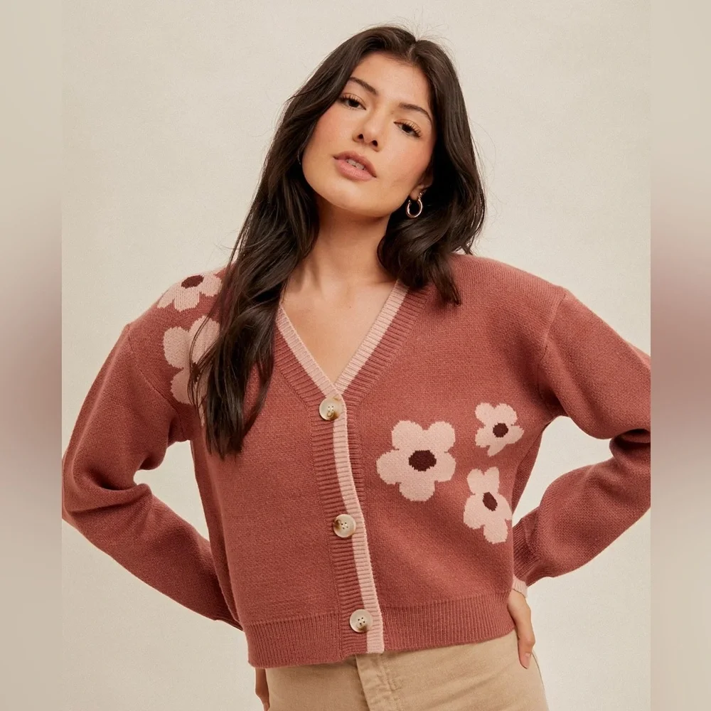 HEM & THREAD Flower Boxy Cardigan L 22” p2p Terra Rose $50 Retail NWT - Picture 5 of 13